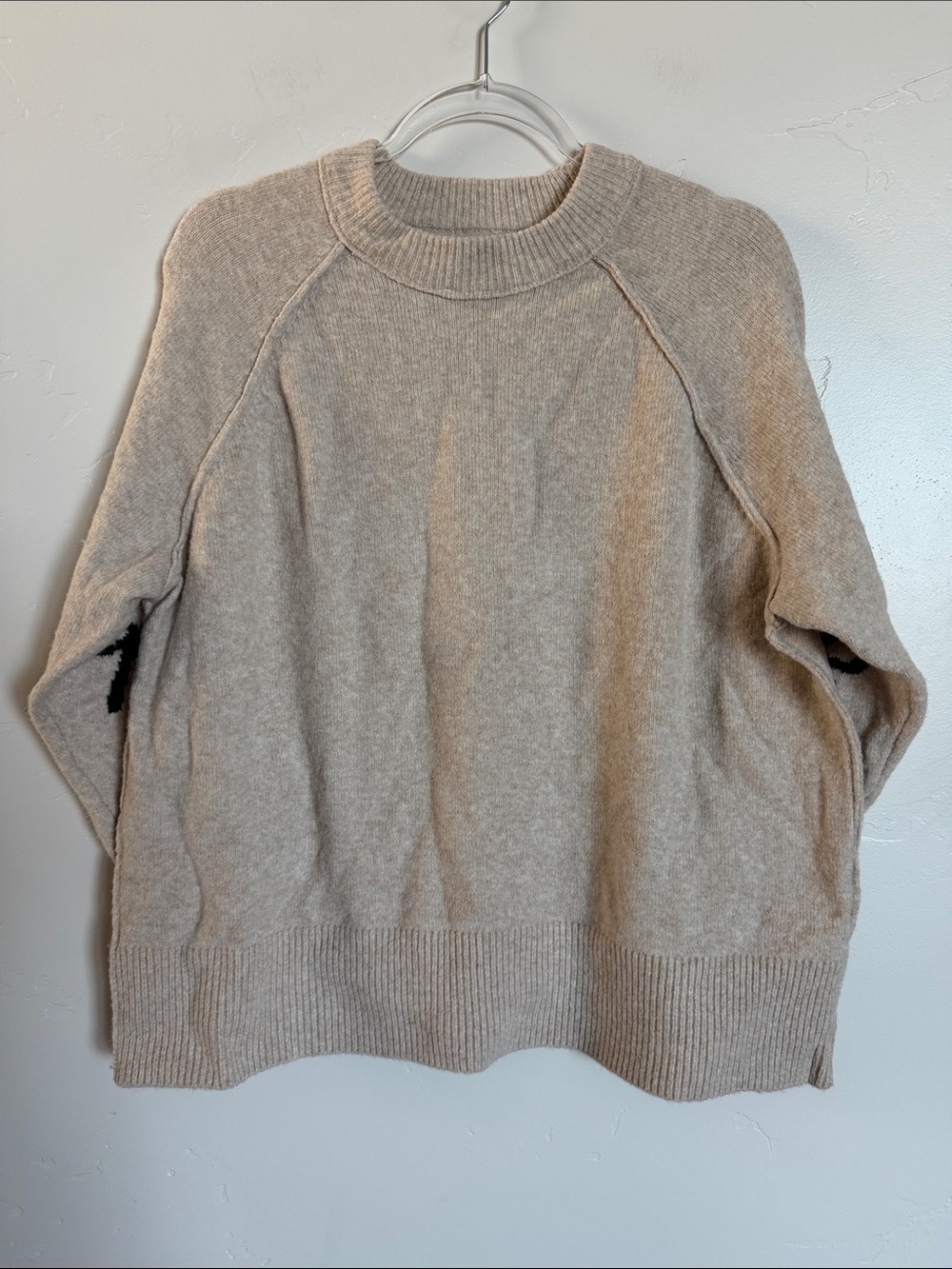 aerie Beige Crewneck Sweater with Black Bow Elbow Detail Cozy Knit Sweater - Picture 3 of 7